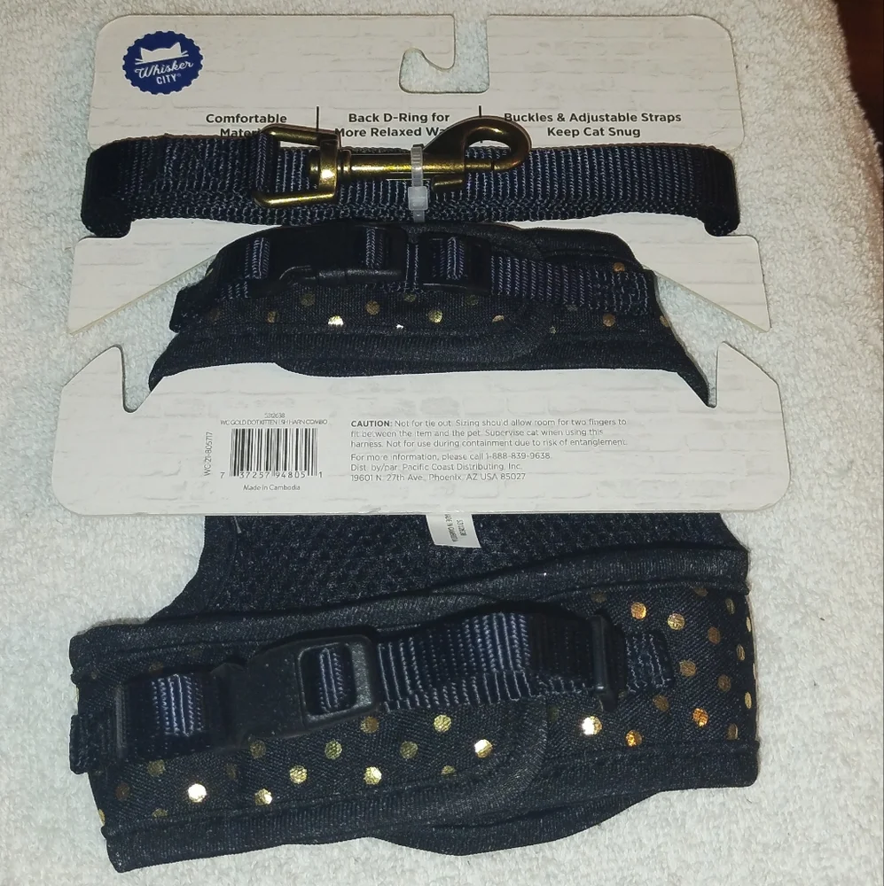 Whisker City Cat Vest Harness Leash Kitten Size NEW Black With Gold Polka Dot